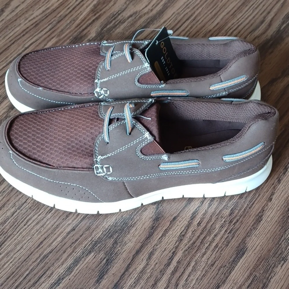 NWT Mens Memory Foam Boat Shoes, Brown, Orange&blue Trim, Sz 10E